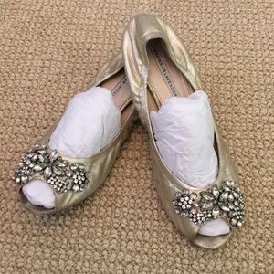 Vera Wang Lavender gold peep toe flats w jewels.